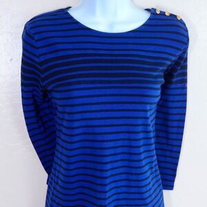 Lauren Ralph Lauren Blue Black Stripe Boat Neck 3/4 Sleeve Shirt Top Womens L
